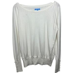 Burgess Sweater Cream Cotton Cashmere Gold Button Sleeve Thin Knit Dressy M